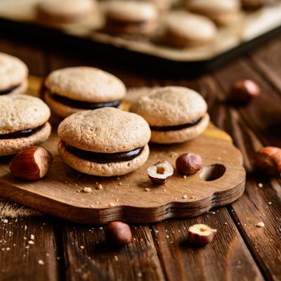 Cookie Sandwiches on Wooden Serving Board Away from Batch On Wood Table Surrounded by Broken Hazelnuts | Vitacost Blog