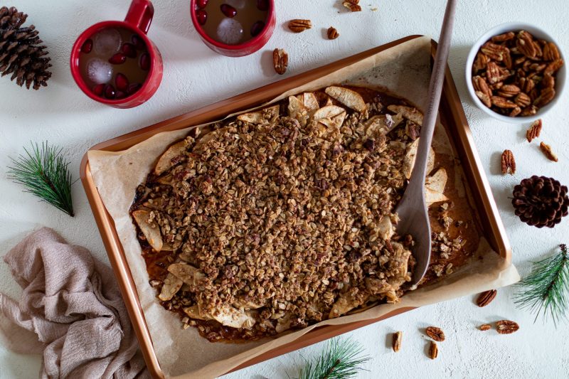 Top View Sheet Pan Apple Crisp Next to Seasonal Embellishments | Vitacost Blog
