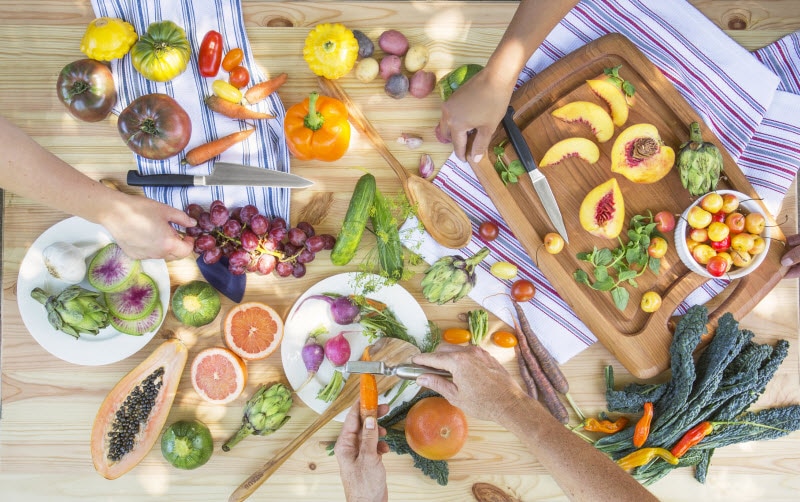 Overhead View of Colorful Plant Foods to Reduce Diabetes Risk Arranged on Wooden Table | Vitacost.com/blog