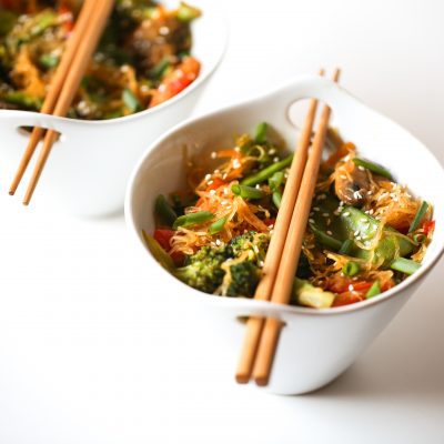 Two Bowls of Spaghetti Squash Lo Mein with Chopsticks | Vitacost Blog