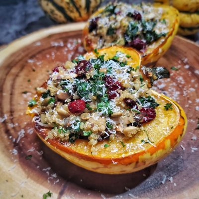 Close Up of Acorn Squash Stuffed with Quinoa, Mushroom, Kale and Cranberries | Vitacost Blog