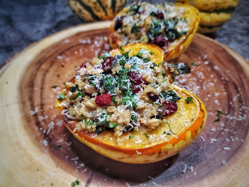 Close Up of Acorn Squash Stuffed with Quinoa, Mushroom, Kale and Cranberries | Vitacost Blog