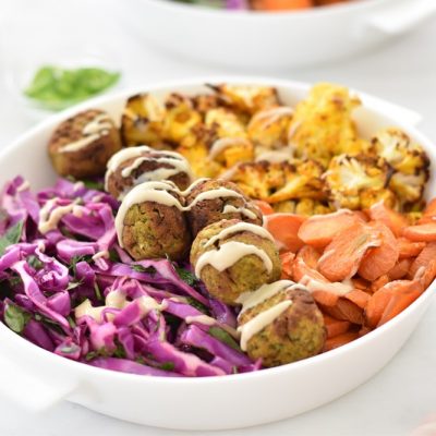 Air Fryer Sweet Potato Falafel in Bowl with Tahini & Roasted Veggies | Vitacost.com/Blog
