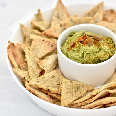 Green Juice Pulp Tortilla Chips in Bowl with Fresh Guacamole | Vitacost.com/Blog