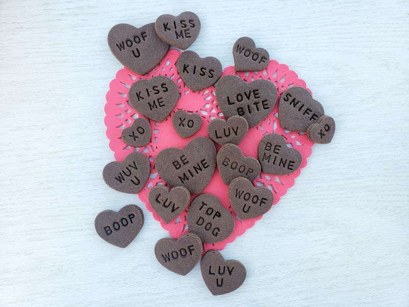 Heart-Shaped Carob Dog Treats with Sayings on Pink Heart Doily | Vitacost.com/blog