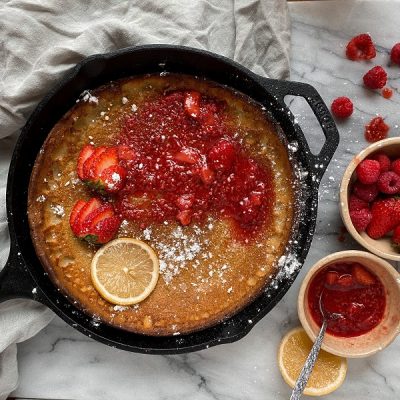 Homemade Dutch Baby German Pancake in Skillet with Syrup and Berries | Vitacost.com/Blog