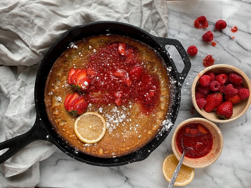 Homemade Dutch Baby German Pancake in Skillet with Syrup and Berries | Vitacost.com/Blog