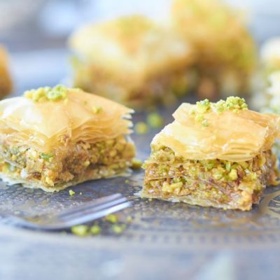 Honey Pistachio Baklava on Glass Serving Plate | Vitacost.com/blog