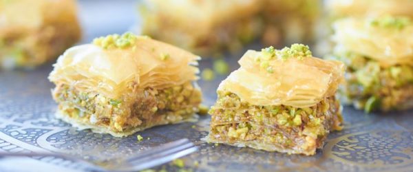 Honey Pistachio Baklava on Glass Serving Plate | Vitacost.com/blog