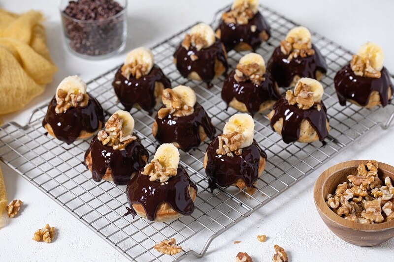 Mini Chocolate-Glazed Brown Butter Bundt Cakes with Bananas & Walnuts on Cooling Rack | Vitacost.com/Blog