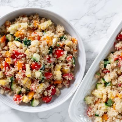 Quinoa and Veggie Salad in Bowl on Marble Table | Vitacost.com/blog