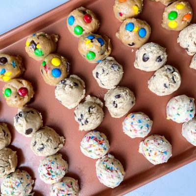 Raw Edible Cookie Dough Tree Ways Lined up in Rows on Copper Cookie Sheet | Vitacost.com/blog