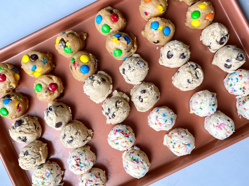 Raw Edible Cookie Dough Tree Ways Lined up in Rows on Copper Cookie Sheet | Vitacost.com/blog