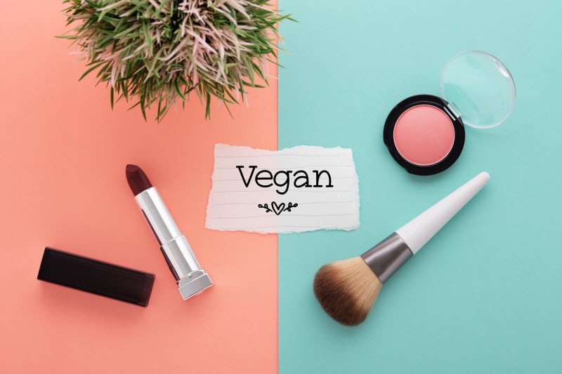Cruelty Free Beauty Concept with Makeup, Brush and Greenery on Coral & Teal Background | Vitacost.com/blog