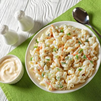 Gluten-Free & Vegan Macaroni Salad in White bowl on Green Linen | Vitacost.com/blog