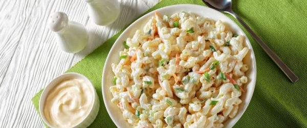 Gluten-Free & Vegan Macaroni Salad in White bowl on Green Linen | Vitacost.com/blog