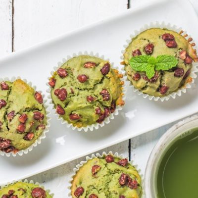Gluten Free Pistachio & Matcha Muffins on White Serving Plate with Cup of Matcha Tea | Vitacost.com/blog