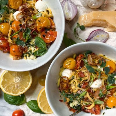 Prosciutto Caprese Pasta in White Bowls | Vitacost.com/Blog