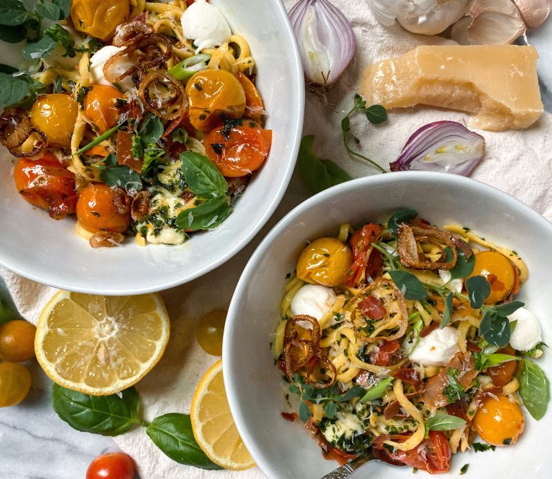 Prosciutto Caprese Pasta in White Bowls | Vitacost.com/Blog