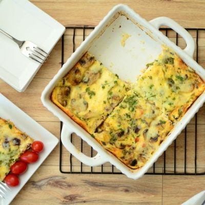 Crustless Mushroom & Spinach Quiche in White Baking Dish on Wire Rack | Vitacost.com/Blog