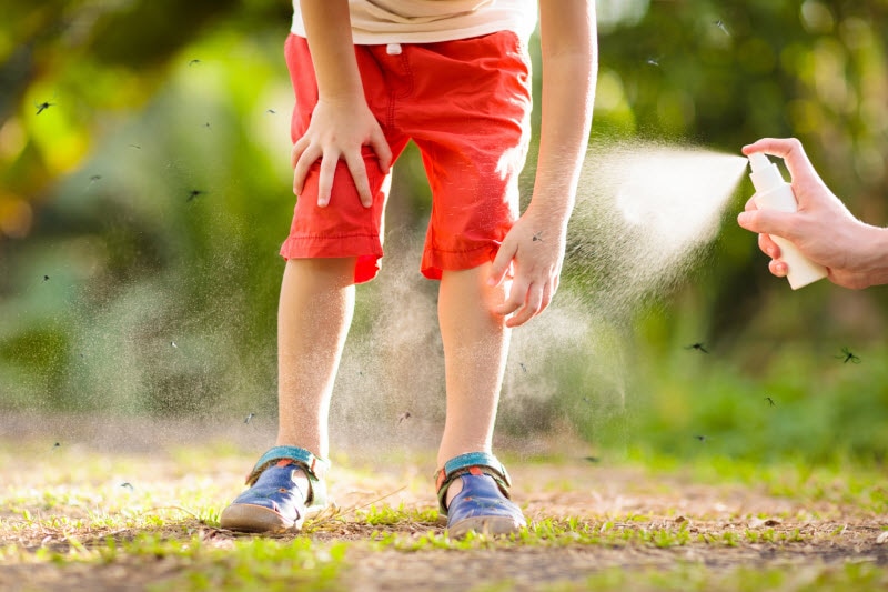 Lower Leg View of Person spraying DIY Bug Spray on Child's Legs in Woods | Vitacost.com/blog