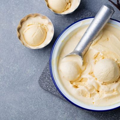 Coconut Collagen Protein Powder Ice Cream in White Bowl with Silver Scoop | Vitacost.com/blog
