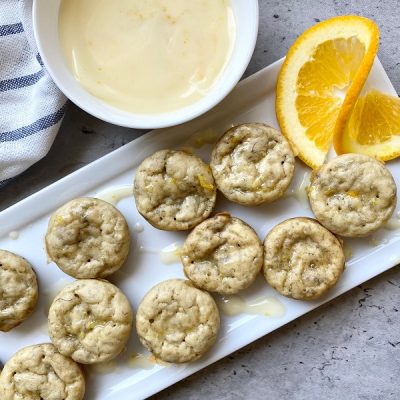 Homemade Banana Pancake Mini Muffins with Buttery Citrus-Honey Glaze on Rectangle Platter | Vitacost.com/Blog