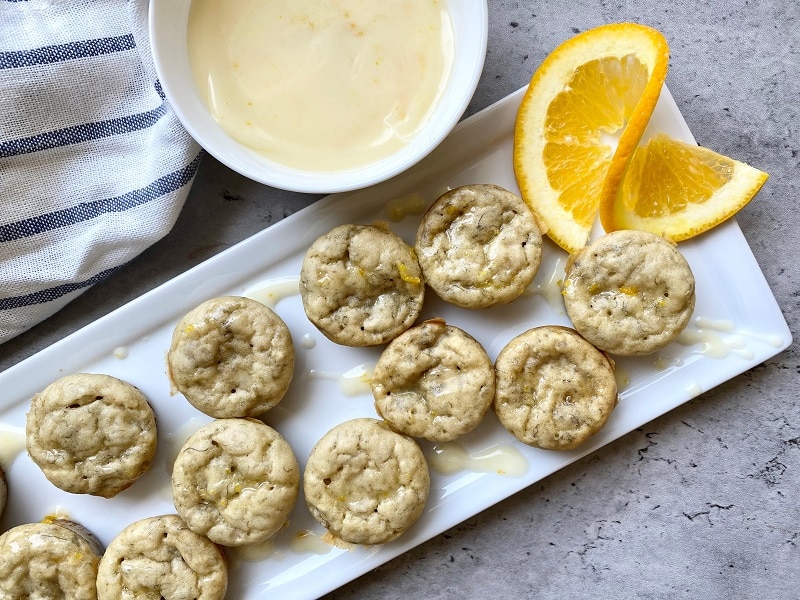 Homemade Banana Pancake Mini Muffins with Buttery Citrus-Honey Glaze on Rectangle Platter | Vitacost.com/Blog