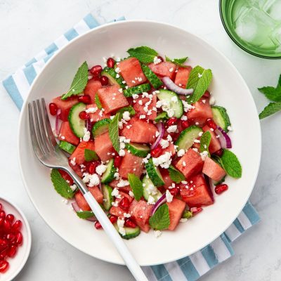 Watermelon Feta Mint Salad Recipe in White Bowl | Vitacost.com/blog