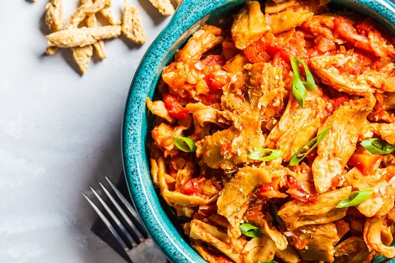 Plant-Based Soy Meat Alternative Cooked with Veggies and Sauce in Bowl | Vitacost.com/Blog