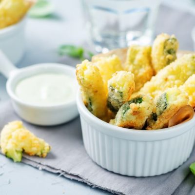 Breaded Baked Zucchini Sticks (Gluten-Free) in White Ramekin | Vitacost.com/blog