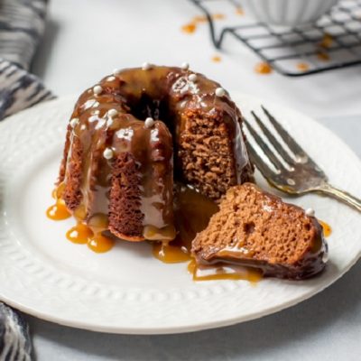 Mini Sticky Date Bundt Cake with Toffee Sauce on White Plate | Vitacost.com/Blog