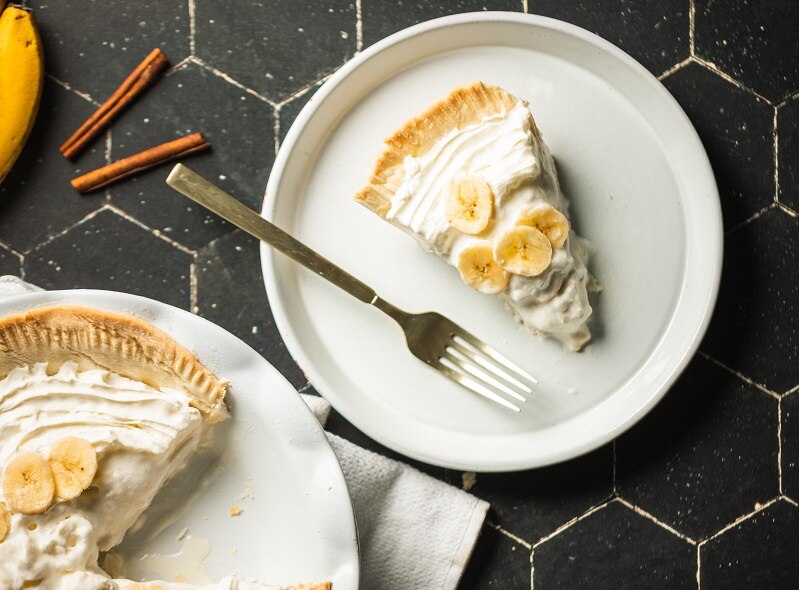 Slice of Vegan Banana Cream Pie on White Plate with Fork | Vitacost.com/Blog