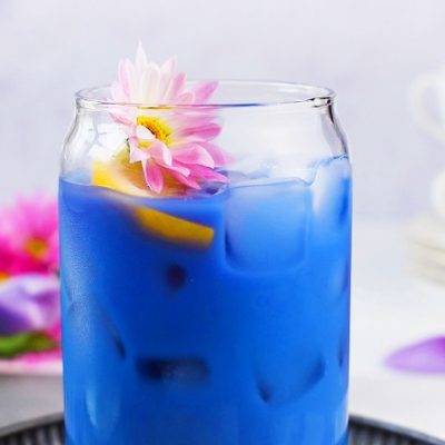 Bright Blue Iced Latte in Glass Made with Butterfly Pea Powder | Vitacost.com/Blog