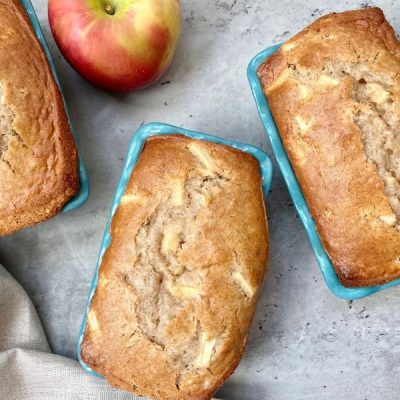 Gluten-Free Apple Cinnamon Bread in Three Loaf Pans on Marble Counter | Vitacost.com/blog