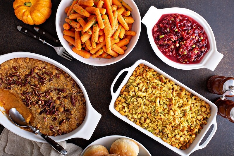 Healthy Side Dish Recipes on Holiday Table, Including Sweet Potatoes, Stuffing, Carrots, Cranberry Sauce and More | Vitacost.com/Blog