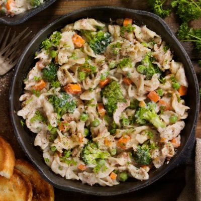 Dairy-Free Tuna Noodle Casserole with Vegetables in Skillet | Vitacost.com/blog