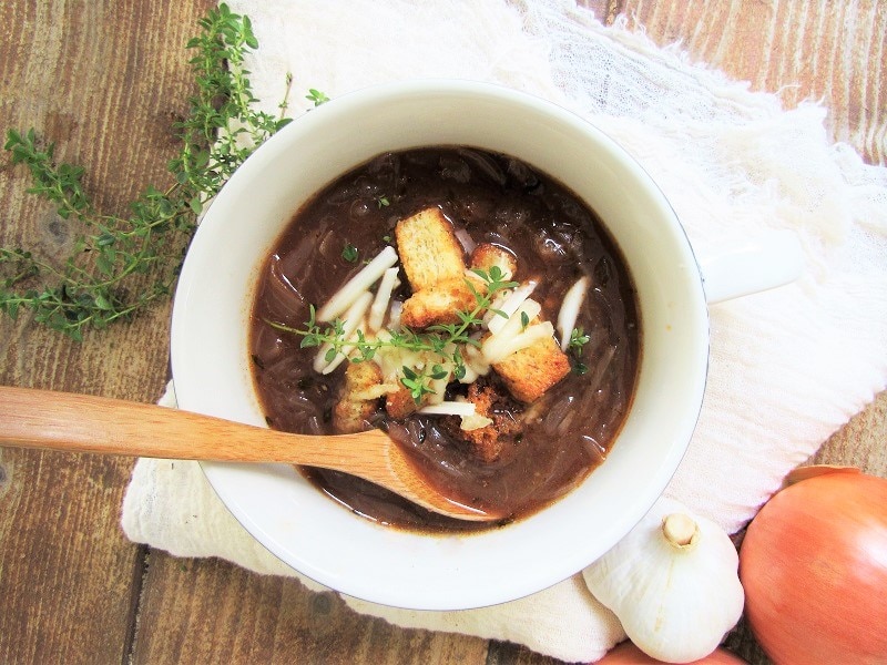 Homemade Vegan French Onion Soup Topped with Croutons, Dairy-Free Shredded Mozzarella & Herbs | Vitacost.com/Blog