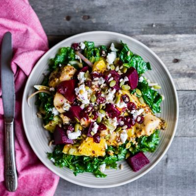 Plate With Kale, Chicken, Beets & Goat Cheese Represent a Salad With Beets | Vitacost.com/Blog
