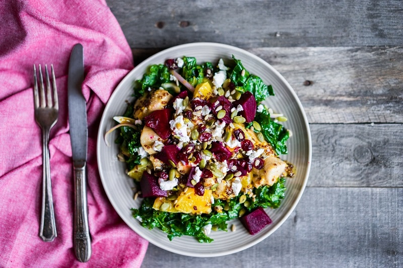 Plate With Kale, Chicken, Beets & Goat Cheese Represent a Salad With Beets | Vitacost.com/Blog