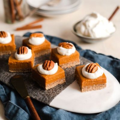 Sweet Potato Dessert Recipe: Sweet Potato Bars with Wipped Coconut Cream & Pecans on Serving Board | Vitacost.com/blog