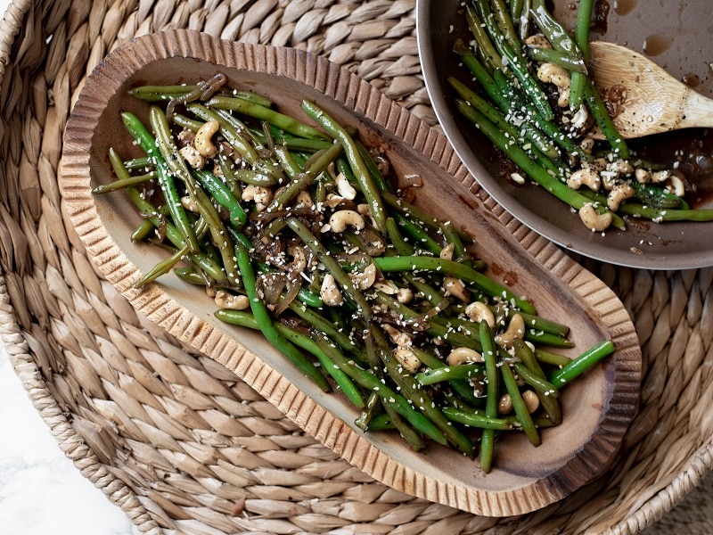 Sauteed Green Beans in an Oval Serving Dish to Represent Thanksgiving Green Beans | Vitacost.com/Blog