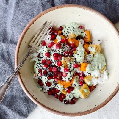 Homemade Plant-Based Jasmine Rice Bowl with Roasted Sweet Potato, Za’atar Tofu, Cilantro-Mint Yogurt and Pomegranate Arils | Vitacost.com/Blog