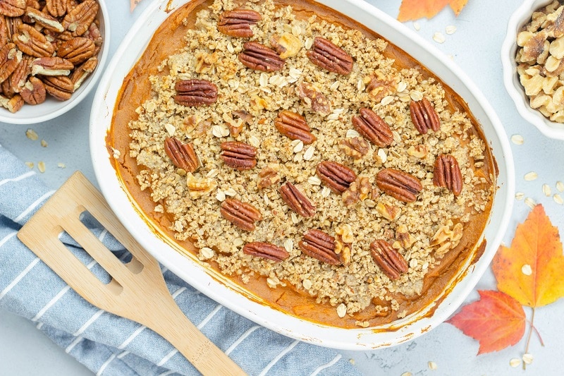 Homemade Vegan Sweet Potato Casserole with Pecan-Walnut Oat Crumble Topping in Casserole Dish | Vitacost.com/Blog