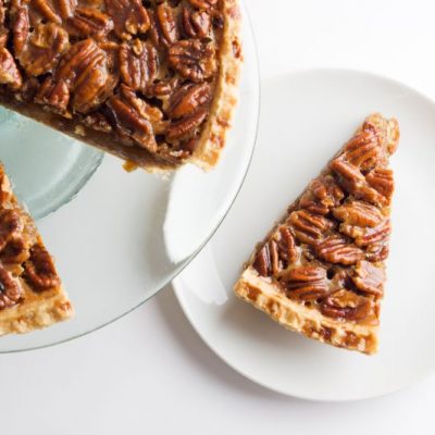 Vegan Pecan Pie Sliced on White Plate | Vitacost.com/blog