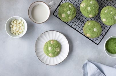 Matcha White Chocolate Chip Cookies on Wire Cooling Rack and on Plate on top of Countertop | Vitacost.com/blog