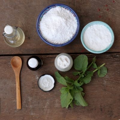Ingredients on Table to Make Homemade Probiotic Toothpaste: Coconut Oil, Essential Oil, Bentonite Clay, Probiotic Powder, Xylitol | Vitacost.com/Blog