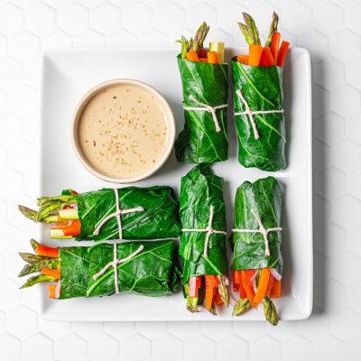 Homemade Collard Green Veggie Wraps on Plate with Tahini-Miso Dipping Sauce | Vitacost.com/Blog