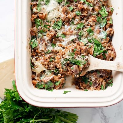Casserole Dish Filled with Homemade Bacon and Winter Veggie Risotto | Vitacost.com/Blog