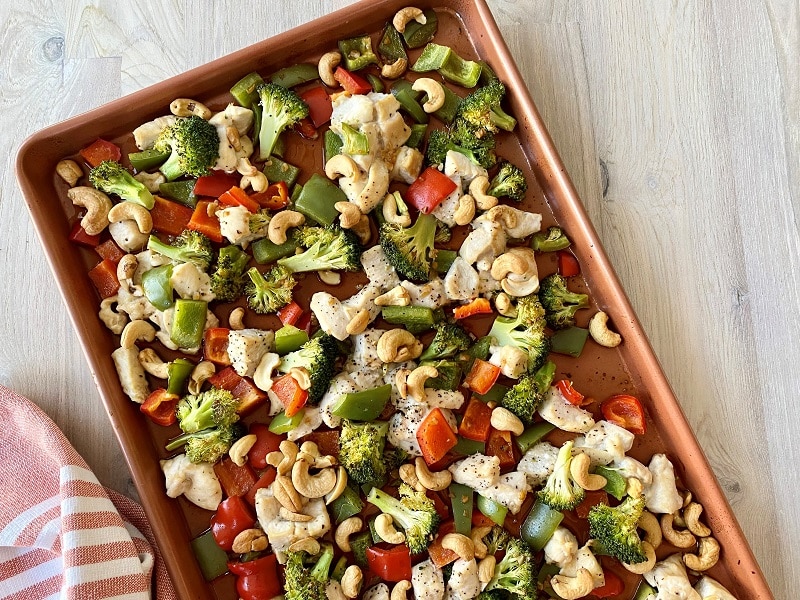 A Sheet Pan of Cashew Chicken, Broccoli Florets and Bell Pepper Chunks | Vitacost.com/Blog